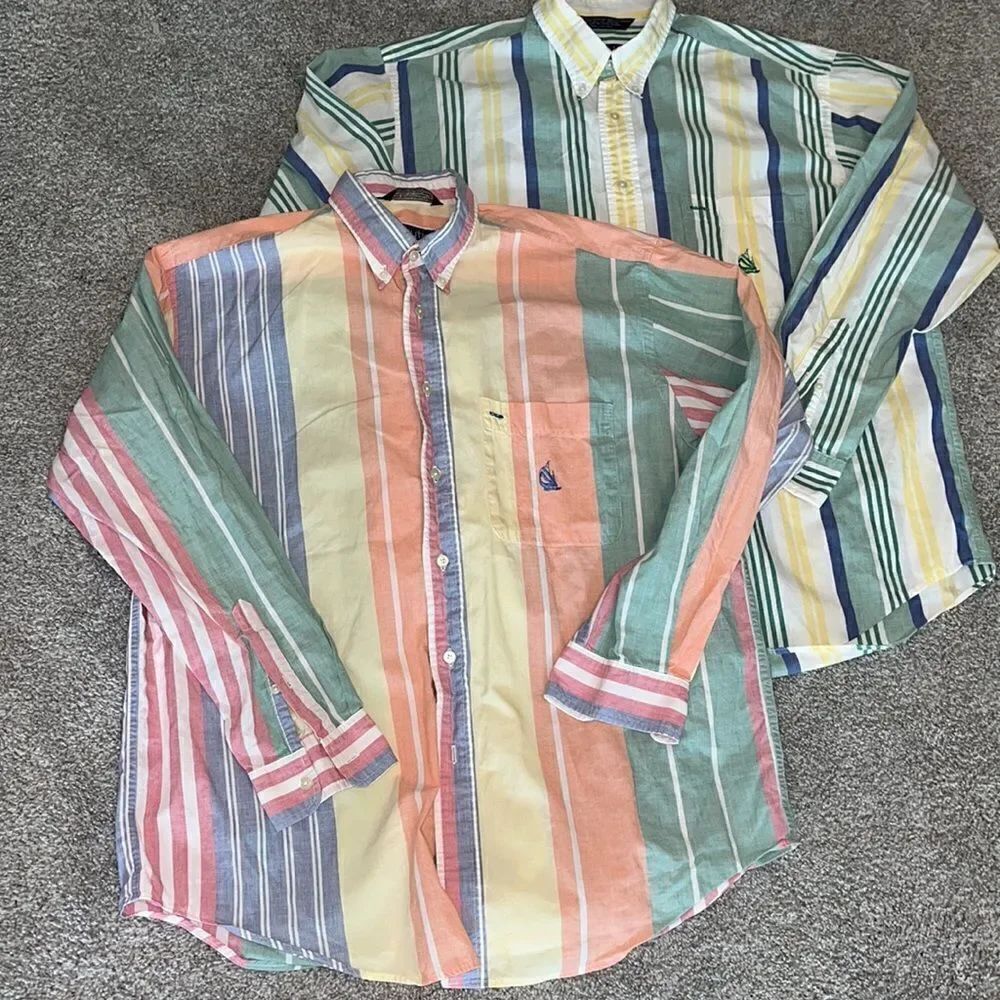 2-two Nautica Sailboat vintage Pastel stripes men’s casual cotton shirt L retro